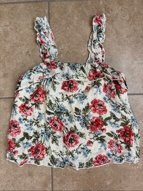 American Eagle Outfitters White Floral Ruffle Cami with Red & Blue Blooms